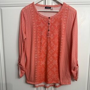 Basic Editions Women's Sz Medium Scoop Neck Long Sleeve Knit Top in Orange/White